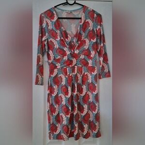 Boden Red Blue Leaf Print V-Neck Twist Front Jersey Dress‎ US 6 UK 10
